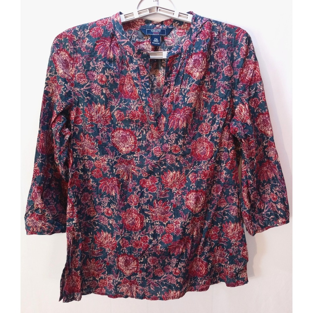 Chaps Denim Petite Women's Tunic Shirt Top, PM, Floral, Boho, Peasant